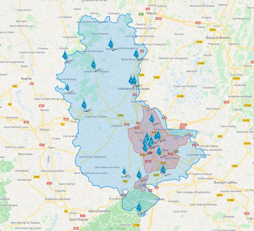 Map Adherents UNA Rhone Metropole de Lyon
